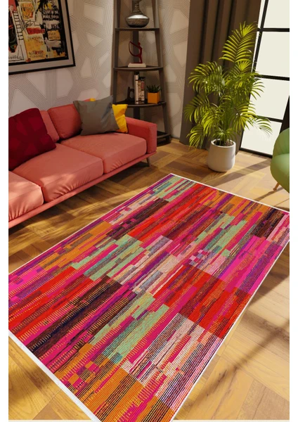 Salon Halısı Pastel Eskitme Pembe Kaydırmaz Kesme Yıkanabilir Ince Halı Tüysüz Kilim