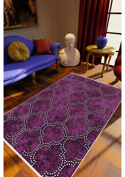 Salon Halısı Eskitme Klasik Fas Desen Mor Beyaz Kaydırmaz Kesme Yıkanabilir Ince Halı Tüysüz Kilim