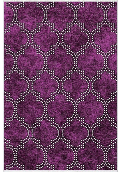 Salon Halısı Eskitme Klasik Fas Desen Mor Beyaz Kaydırmaz Kesme Yıkanabilir Ince Halı Tüysüz Kilim