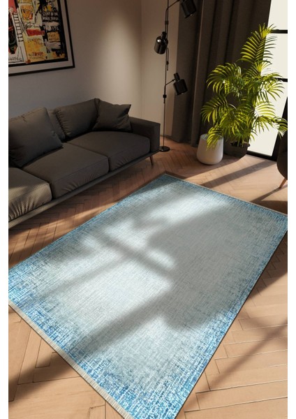 Modern Eskitme Mavi Dijital Baskı Halı Kaydırmaz Ince Yıkanabilir