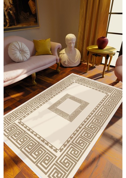 Salon Halısı Klasik Kahverengi Ekru Kaydırmaz Kesme Yıkanabilir Ince Halı Tüysüz Kilim