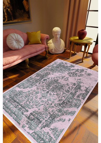 Salon Halısı Klasik Eskitme Pembe Gülkkurusu Gri Kaydırmaz Kesme Yıkanabilir Ince Halı Tüysüz Kilim