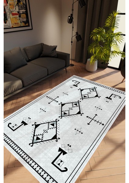 Salon Halısı Modern Geometrik Mavi Siyah Kaydırmaz Kesme Yıkanabilir Ince Halı Tüysüz Kilim
