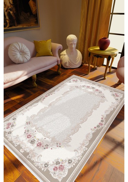 Salon Halısı Figürlü Çiçekli Ekru Vizon Krem Kaydırmaz Kesme Yıkanabilir Ince Halı Tüysüz Kilim