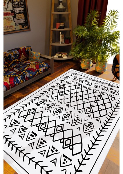 Salon Halısı Otantik Eskitme Beyaz Siyah Kaydırmaz Kesme Yıkanabilir Ince Halı Tüysüz Kilim