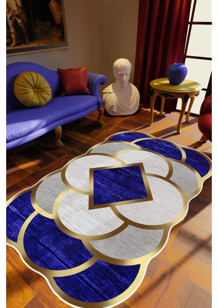 Salon Halısı Klasik Modern Altın Gri Mavi Metalik Kaydırmaz Kesme Yıkanabilir Ince Halı Tüysüz Kilim