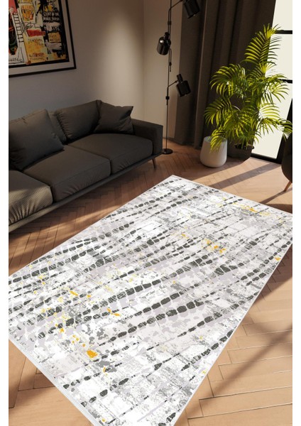 Salon Halısı Modern Eskitme Gri Beyaz Siyah Kaydırmaz Kesme Yıkanabilir Ince Halı Tüysüz Kilim