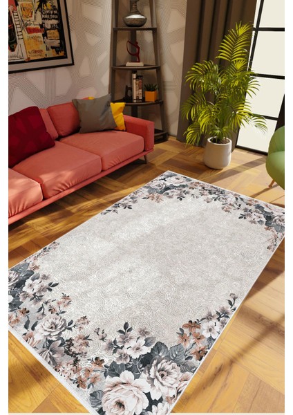Salon Halısı Figürlü Çiçekli Gri Kaydırmaz Kesme Yıkanabilir Ince Halı Tüysüz Kilim