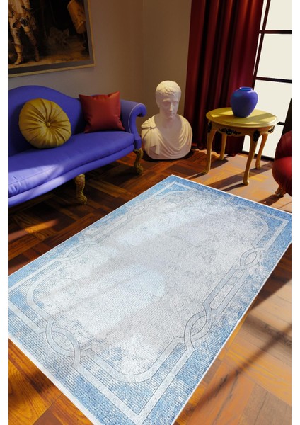 Salon Halısı Klasik Mavi Kaydırmaz Kesme Yıkanabilir Ince Halı Tüysüz Kilim