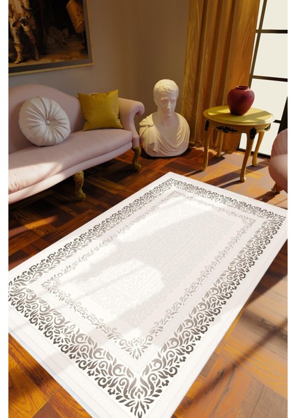 Salon Halısı Klasik Ekru Beyaz Siyah Kaydırmaz Kesme Yıkanabilir Ince Halı Tüysüz Kilim