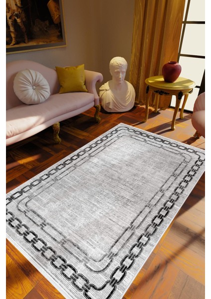 Salon Halısı Klasik Zincir Desenli Gri Kaydırmaz Kesme Yıkanabilir Ince Halı Tüysüz Kilim