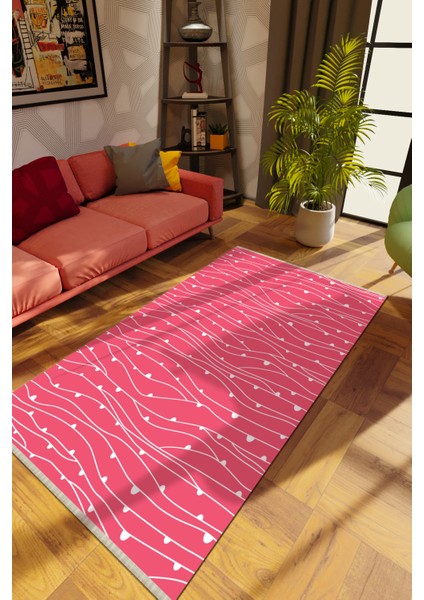 Modern Çizgili Pembe Dijital Baskı Halı Kaydırmaz Ince Yıkanabilir