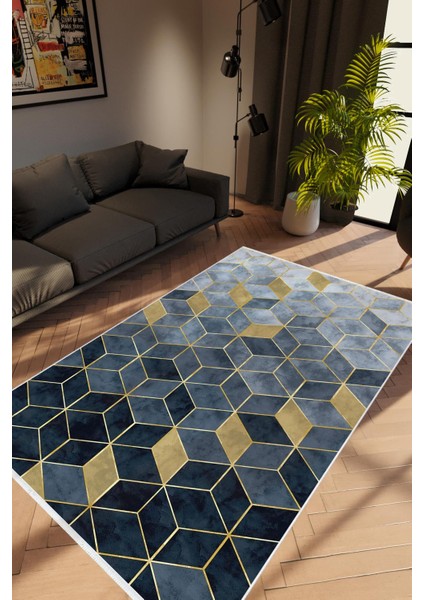 Salon Halısı Modern Geometrik Lacivert Gri Mavi Metalik Kaydırmaz Yıkanabilir Ince Halı Tüysüz Kilim