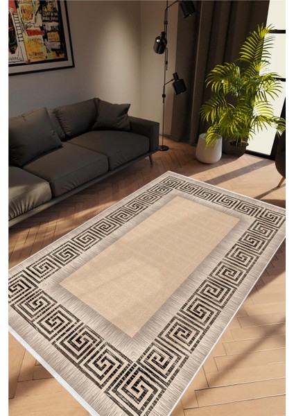 Salon Halısı Doku Eskitme Kahverengi Bej Kaydırmaz Kesme Yıkanabilir Ince Halı Tüysüz Kilim