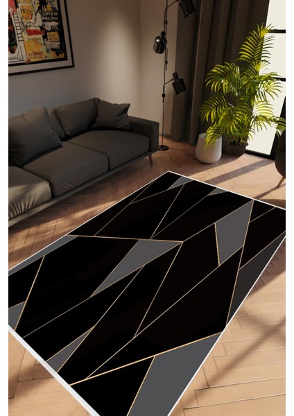 Salon Halısı Modern Geometrik Siyah Gri Kaydırmaz Kesme Yıkanabilir Ince Halı Tüysüz Kilim