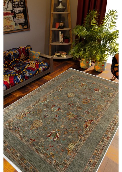 Salon Halısı Otantik Eskitme Haki Gri Kaydırmaz Kesme Yıkanabilir Ince Halı Tüysüz Kilim