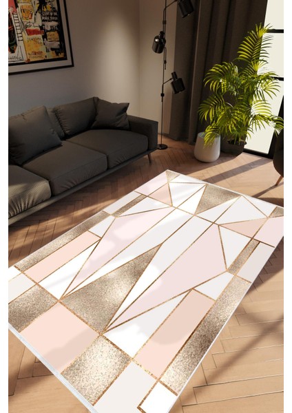 Salon Halısı Modern Geometrik Metalik Pembe Kahverengi Kaydırmaz Yıkanabilir Ince Halı Tüysüz Kilim