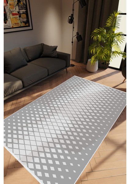 Modern Geometrik Gri Beyaz Kaydırmaz Kesme Yıkanabilir Ince Halı
