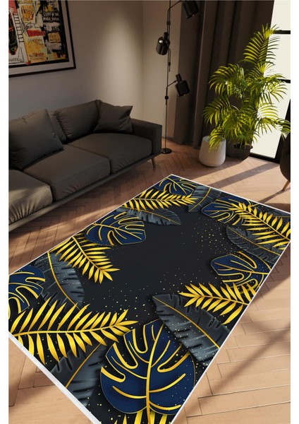 Salon Halısı Figürlü Çiçekli Altın Siyah Gold Lacivert Kaydırmaz Yıkanabilir Ince Halı Tüysüz Kilim