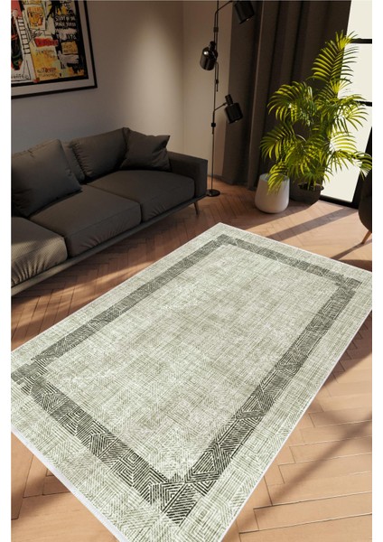 Salon Halısı Doku Eskitme Haki Gri Kaydırmaz Kesme Yıkanabilir Ince Halı Tüysüz Kilim