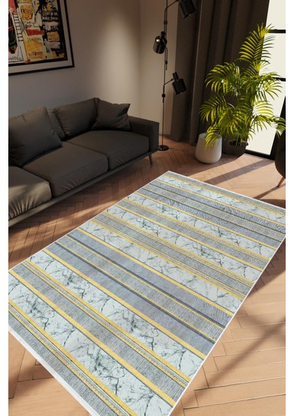 Salon Halısı Modern Çizgili Gri Altın Kaydırmaz Kesme Yıkanabilir Ince Halı Tüysüz Kilim