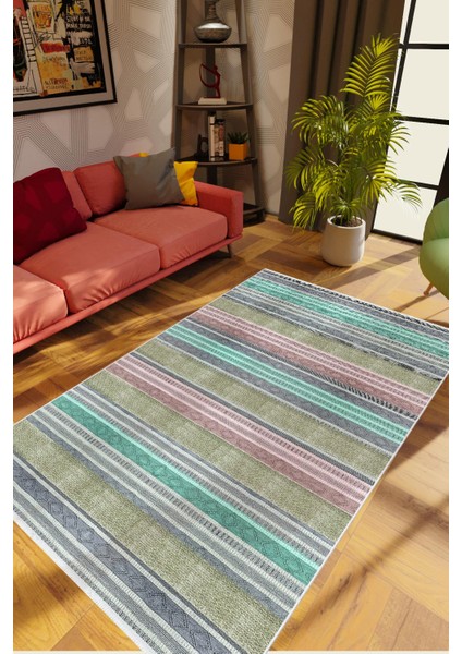 Salon Halısı Eskitme Çizgili Gri Kaydırmaz Kesme Yıkanabilir Ince Halı Tüysüz Kilim