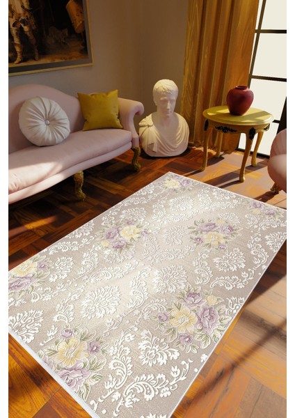 Salon Halısı Çiçekli Metalik Vizon Mor Kahverengi Kaydırmaz Yıkanabilir Ince Halı Tüysüz Kilim