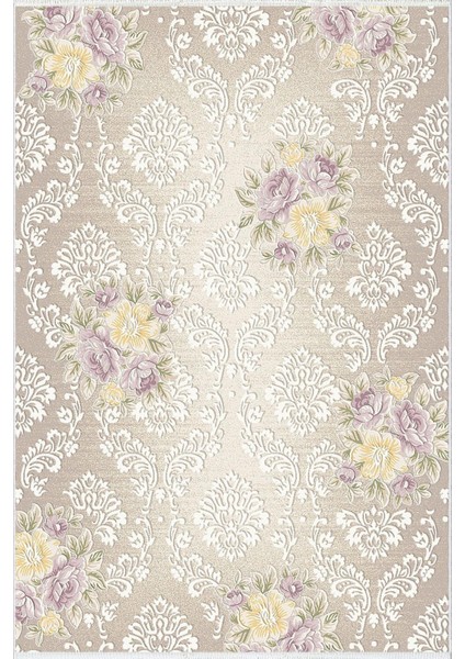 Salon Halısı Çiçekli Metalik Vizon Mor Kahverengi Kaydırmaz Yıkanabilir Ince Halı Tüysüz Kilim