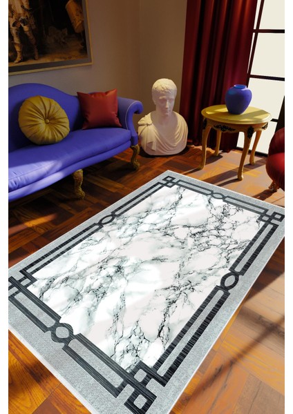 Salon Halısı Eskitme Geometrik Mermer Gri Beyaz Kaydırmaz Yıkanabilir Ince Halı Tüysüz