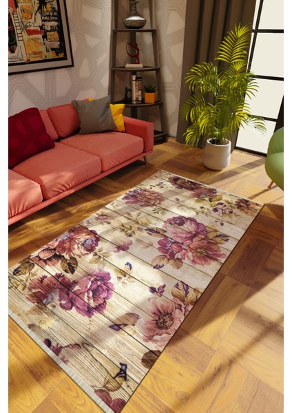 Modern Çiçekli Karışık Renkli Dijital Baskı Halı Kaydırmaz Ince Yıkanabilir