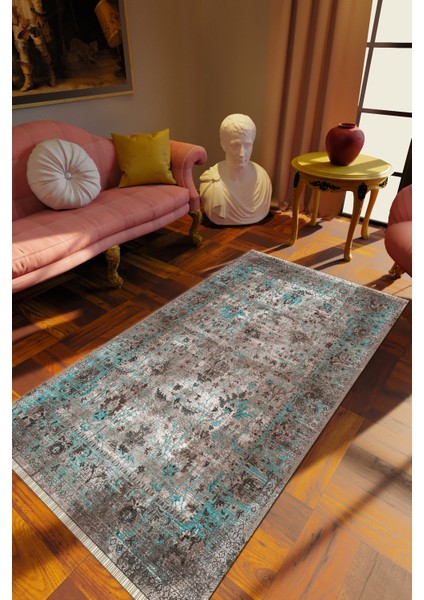 Klasik Eskitme Gri Dijital Baskı Halı Kaydırmaz Ince Yıkanabilir