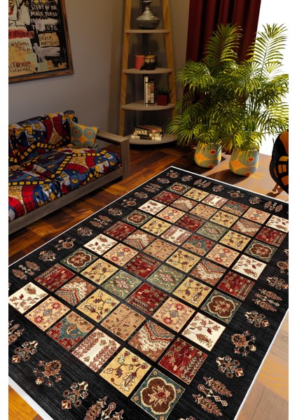 Salon Halısı Kilim Desenli Otantik Eskitme Siyah Kaydırmaz Kesme Yıkanabilir Ince Halı Tüysüz Kilim