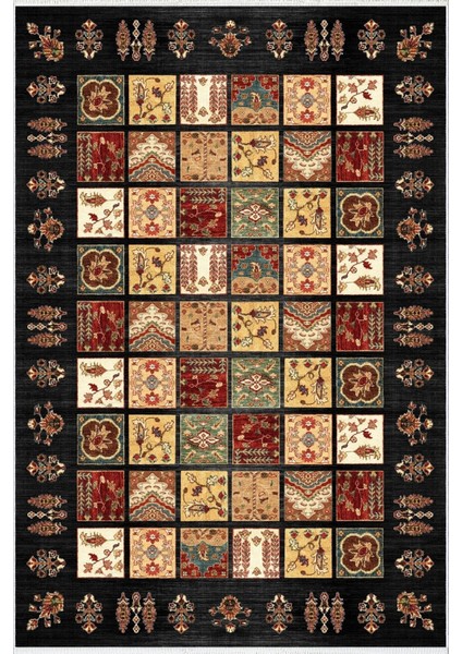 Salon Halısı Kilim Desenli Otantik Eskitme Siyah Kaydırmaz Kesme Yıkanabilir Ince Halı Tüysüz Kilim