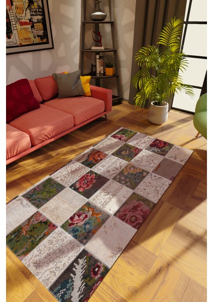 Modern Patchwork Karışık Renkli Dijital Baskı Halı Kaydırmaz Ince Yıkanabilir