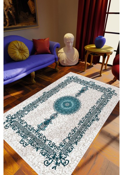 Salon Halısı Klasik Mavi Gri Kaydırmaz Kesme Yıkanabilir Ince Halı Tüysüz Kilim