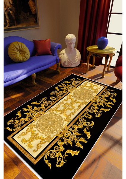 Salon Halısı Klasik Barok Altın Siyah Ekru Metalik Kaydırmaz Yıkanabilir Ince Halı Tüysüz Kilim