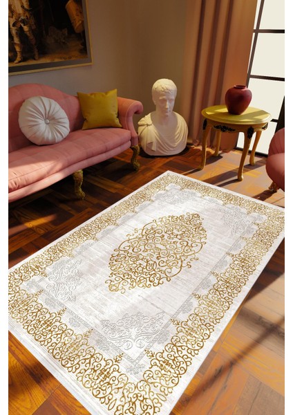 Salon Halısı Klasik Altın Krem Kahverengi Kaydırmaz Kesme Yıkanabilir Ince Halı Tüysüz Kilim