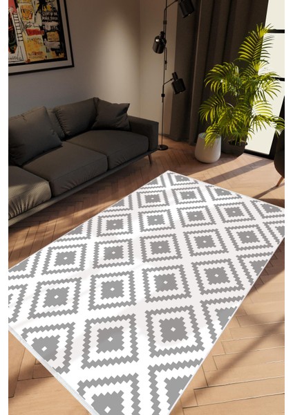 Modern Zig Zag Gri Beyaz Kaydırmaz Kesme Yıkanabilir Ince Halı