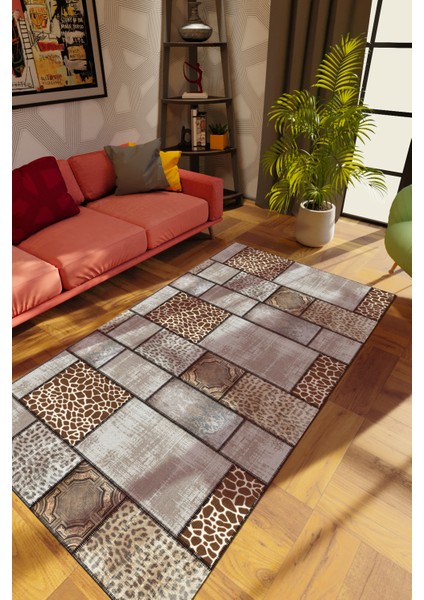 Modern Patchwork Gri Dijital Baskı Halı Kaydırmaz Ince Yıkanabilir