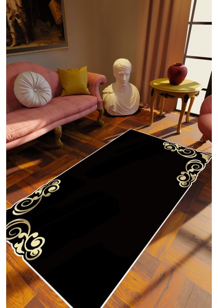 Salon Halısı Klasik Modern Gold Altın Siyah Kaydırmaz Kesme Yıkanabilir Ince Halı Tüysüz Kilim