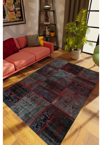 Modern Patchwork Siyah Dijital Baskı Halı Kaydırmaz Ince Yıkanabilir