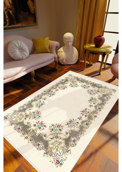Salon Halısı Figürlü Çiçekli Bej Beyaz Gri Kaydırmaz Kesme Yıkanabilir Ince Halı Tüysüz Kilim