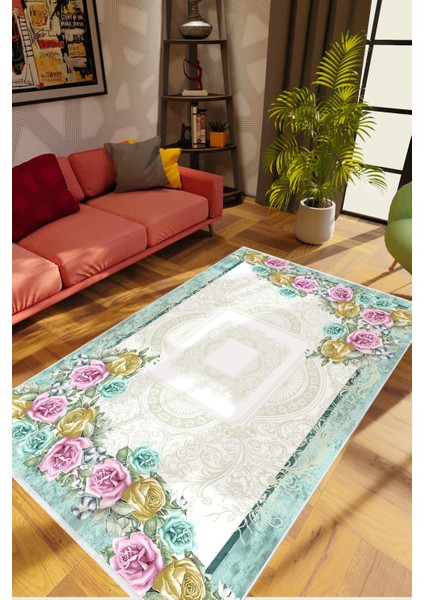 Salon Halısı Çiçekli Beyaz Krem Turkuaz Pembe Kaydırmaz Yıkanabilir Ince Halı Tüysüz Kilim