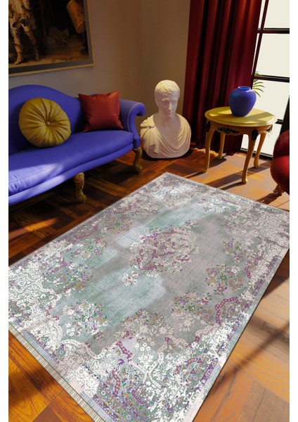 Klasik Eskitme Gri Dijital Baskı Halı Kaydırmaz Ince Yıkanabilir