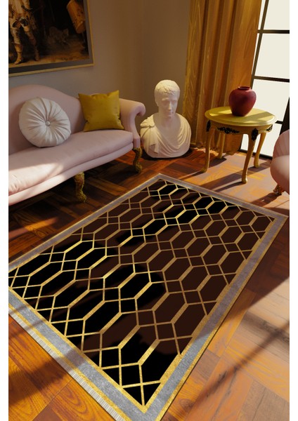 Klasik Siyah Dijital Baskı Halı Kaydırmaz Ince Yıkanabilir