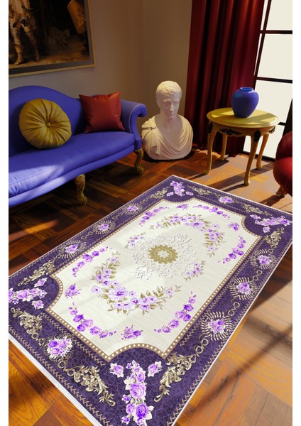 Salon Halısı Figürlü Çiçekli Mor Beyaz Kaydırmaz Kesme Yıkanabilir Ince Halı Tüysüz Kilim