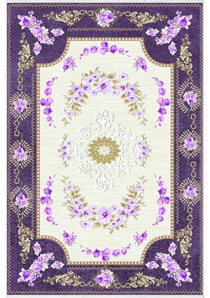Salon Halısı Figürlü Çiçekli Mor Beyaz Kaydırmaz Kesme Yıkanabilir Ince Halı Tüysüz Kilim