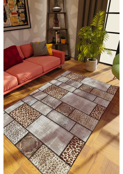 Modern Patchwork Gri Dijital Baskı Halı Kaydırmaz Ince Yıkanabilir