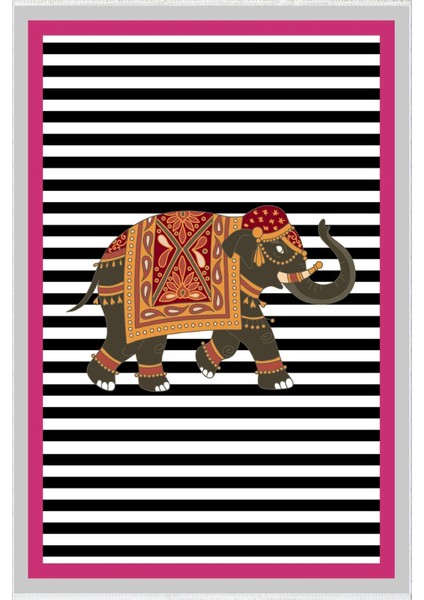 Salon Halısı Çizgili Fil Pembe Siyah Beyaz Fuşya Kaydırmaz Yıkanabilir Ince Halı Tüysüz Kilim fiyatları