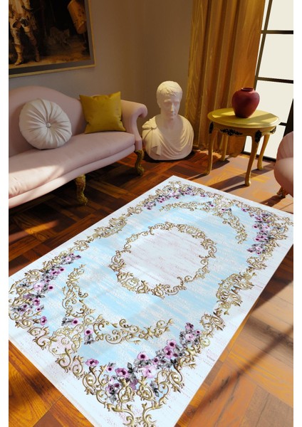 Salon Halısı Çiçekli Mavi Turkuaz Mor Metalik Kaydırmaz Yıkanabilir Ince Halı Tüysüz Kilim